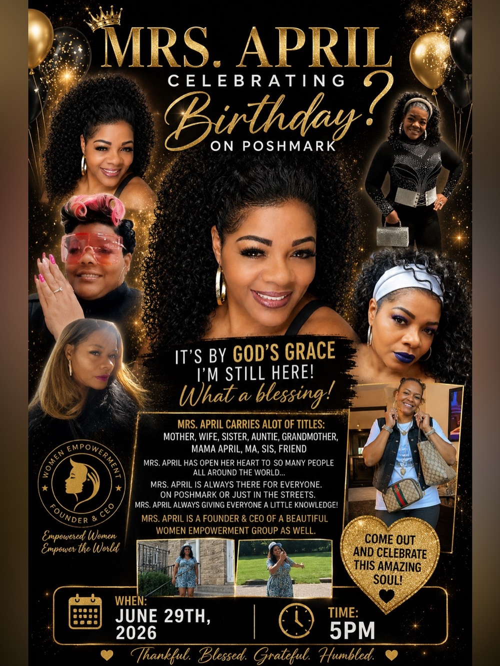 Mrs. April Birthday Celebration Graphic Poster - Black & Gold